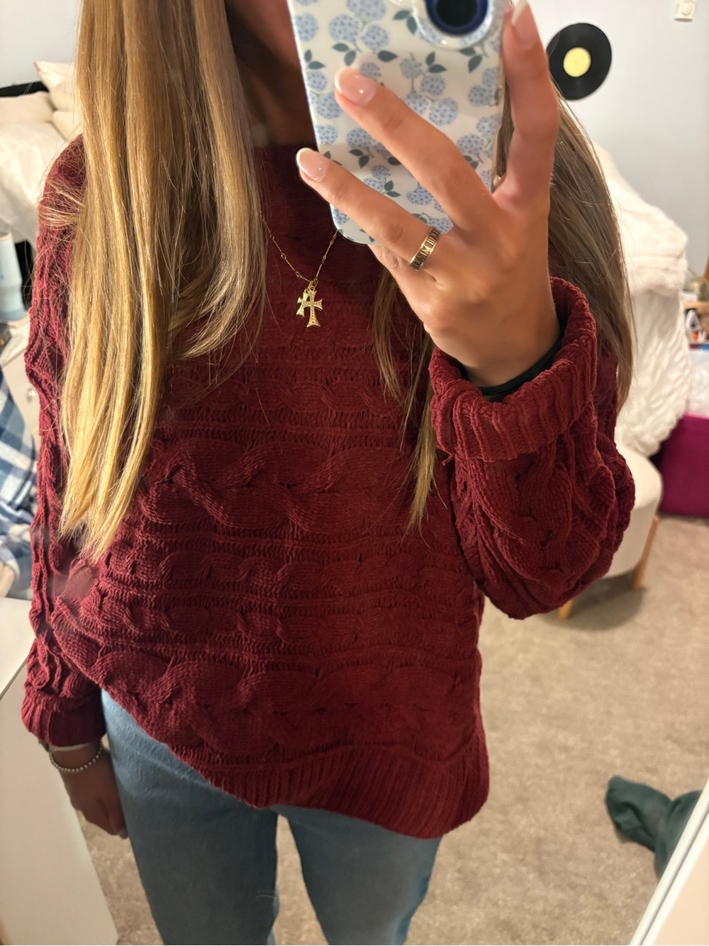 Time and Tru Burgundy Cable-Knit Crewneck Sweater